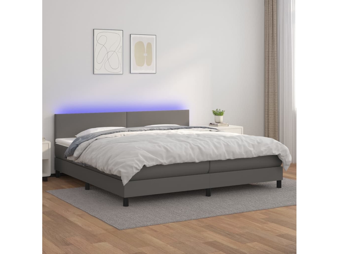 Vidaxl Cama Box Spring C/ Colchão/led 200x200cm Couro Artificial Cinza