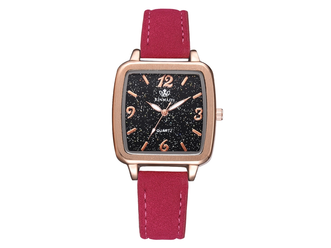 Relógio de Pulso Feminino Quadrado Estrela Couro Pu Rosa Vermelho Quartzo