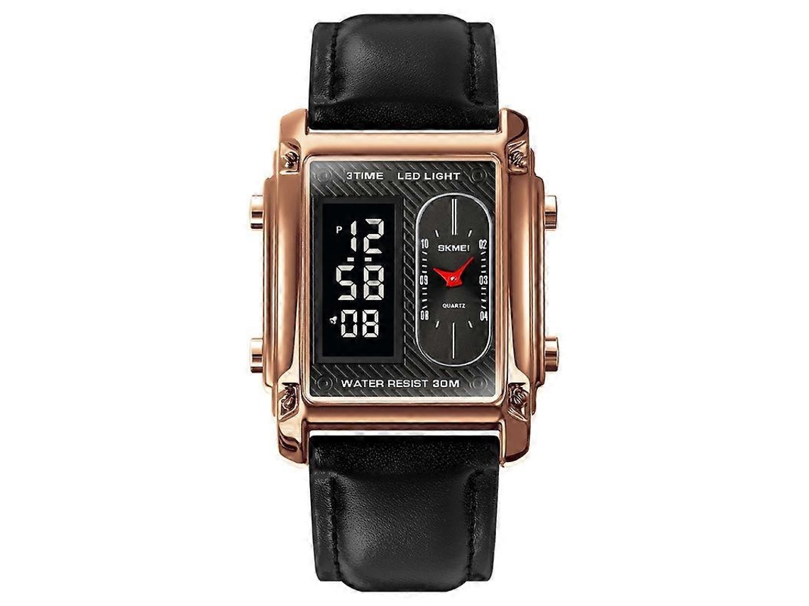 Relógio masculino Skmei 1868 quadrado, à prova d'água, com mostrador duplo e pulseira de couro Hengrongshen (ouro rosa)