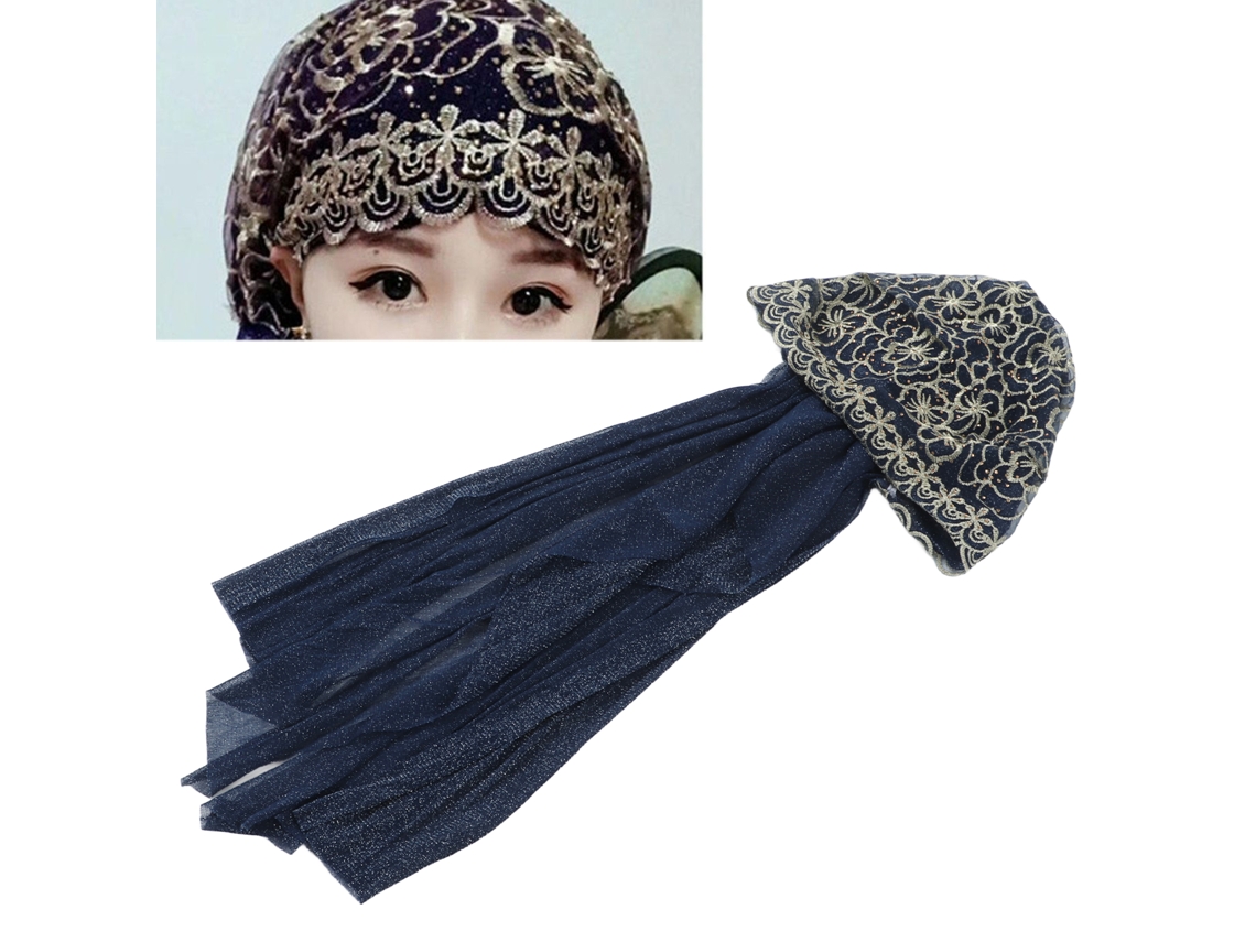 Hiyab Musulmano Para Mulher Elástico Transpirable Suave Confortável Material Durável Gentil Com A Pele Padrão Floral Turbante Musulmão Azul Marinho
