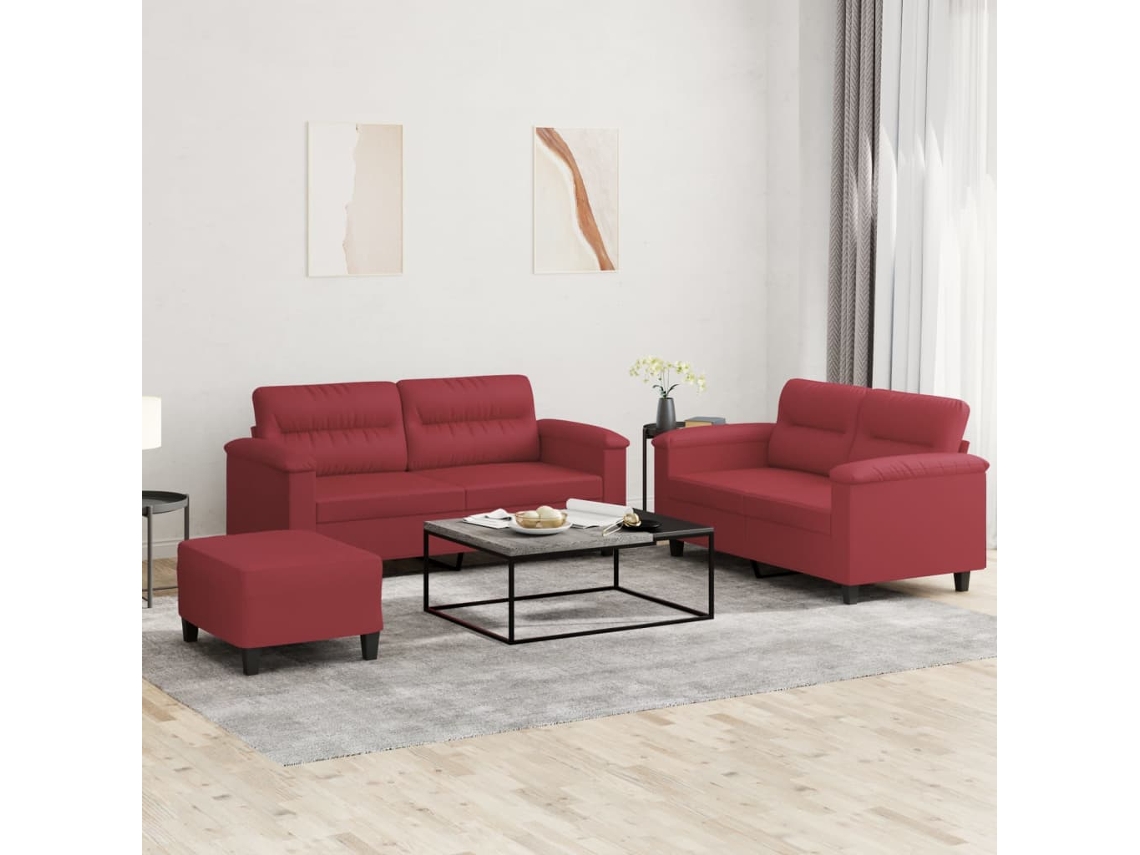 Vidaxl 3 Pcs Conjunto Sofás C/ Almofadões Couro Artif. Vermelho Tinto