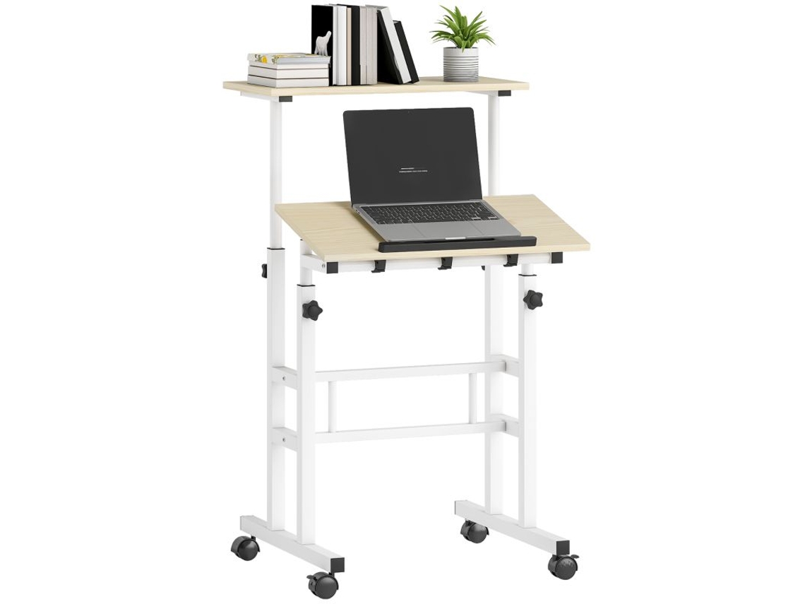 Mesa Regulável Sentado Em Pé Com Rodas, Altura Ajustável 60x60 Cm, Tampo Inclinável E Estrutura Em Metal Natural Bga Store
