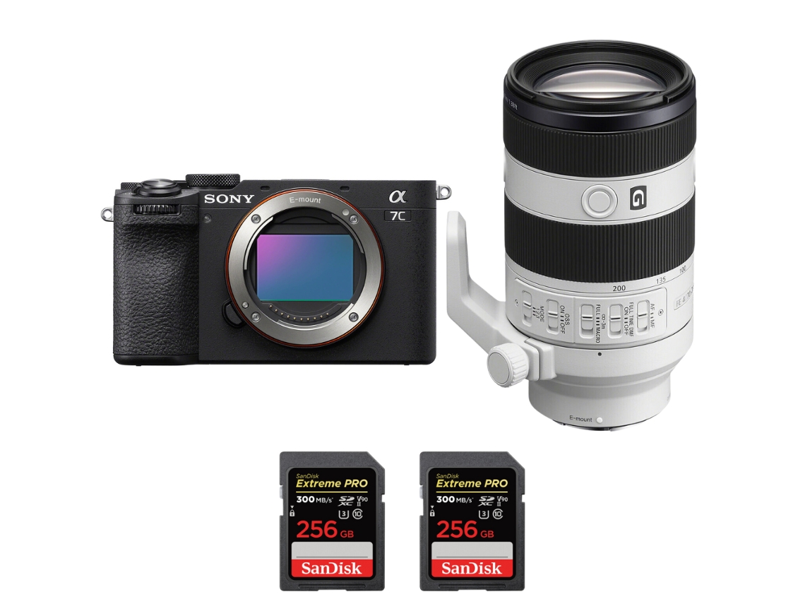 A7c Ii Preto + Fe 70 200mm F/4 Macro G Oss Ii + 2 Sandisk 256gb Uhs ii 300mb/s Máquina Fotográfica Híbrida + Ebook Pricedirect SONY