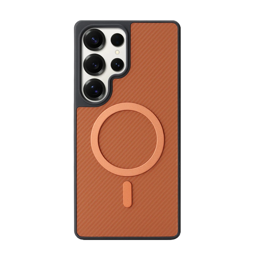 Capa Magnética Para Celular (galaxy S25 Ultra Marrom) Em Couro Com Fibra De Carbono, Compatível Com Fixação Magnética.
