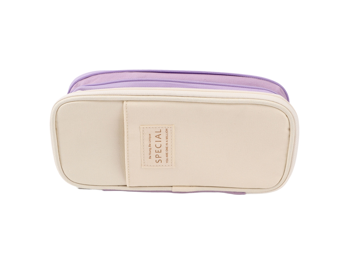 Bolsa De Lápices Grande Estilo Simples De Lona Com Entradas E Zíper Para Escola, Escritório E Viagens Roxo E Bege