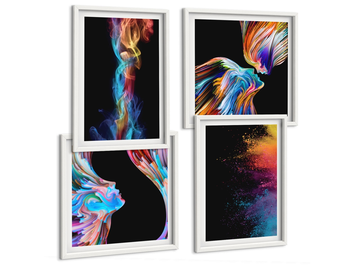 Pinturas Murais Modernas Rostos Coloridos, Abstrações Moldura Branca Fotos Para O Escritório Espelharte (conjunto De 4 Imagens)