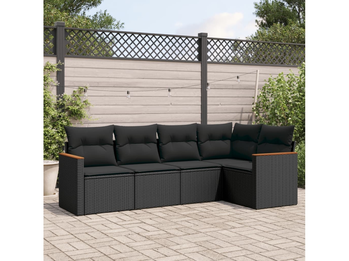 Vidaxl 5 Pcs Conjunto Sofás De Jardim Com Almofadões Vime Pe Preto