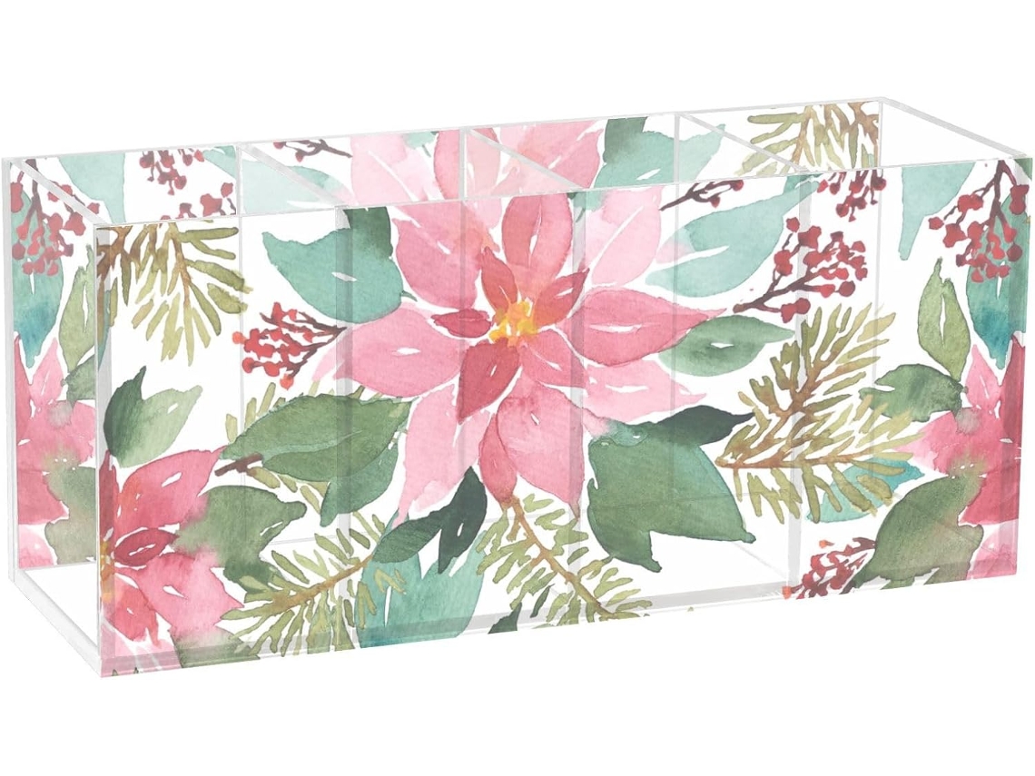 Porta lápis Acrílico Frodotgv com Estampa Natalina em Aquarela e Poinsétia de Pinheiro, 4 Compartimentos, Orga