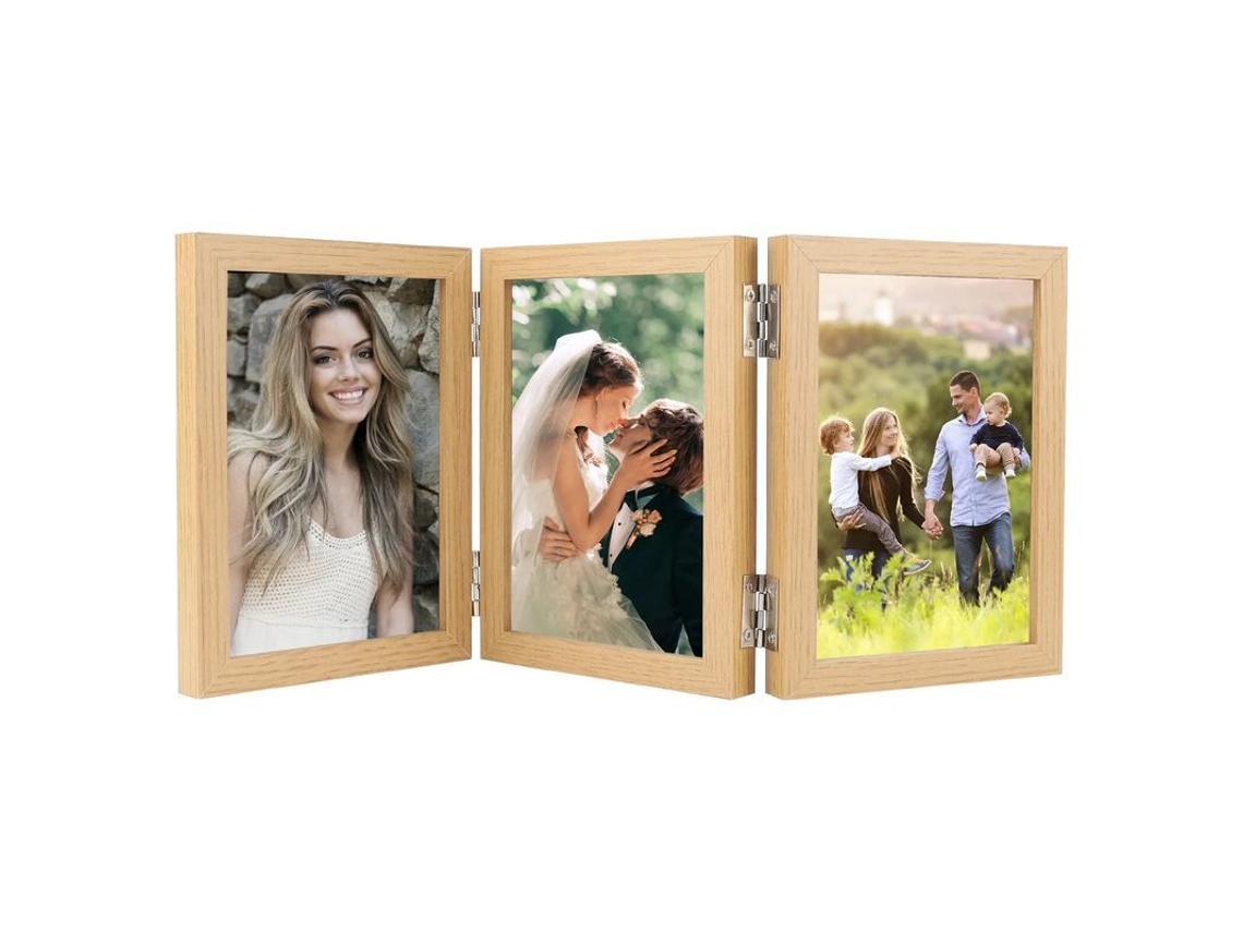 Porta-retratos dobrável com 3 molduras, cor madeira clara, 10x15 cm, presente ideal para a família com várias fotos.