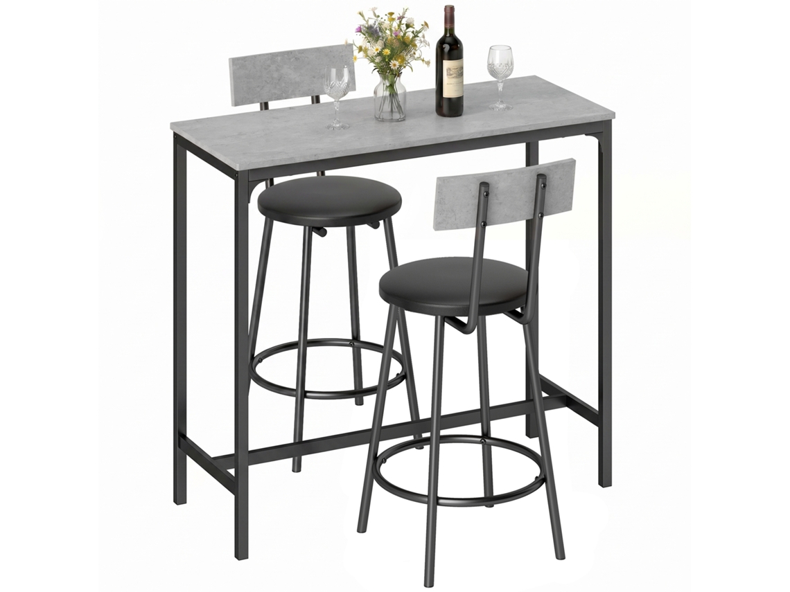 Mesa Bar Com 2 Banquetas Estofadas Cinza, Apoio Pés Para Espaços Pequenos