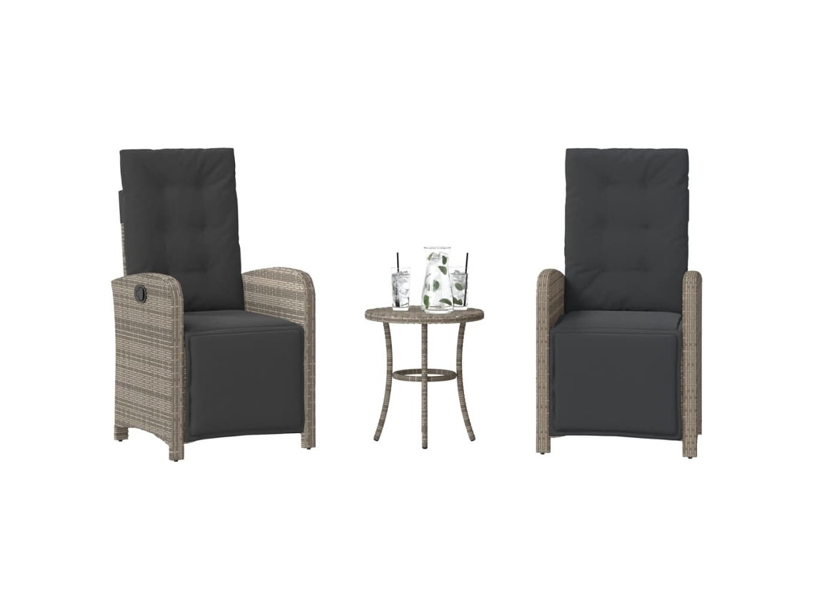 Vidaxl 3 Pcs Conjunto Bistrô com Almofadões Vime Pe Cinza