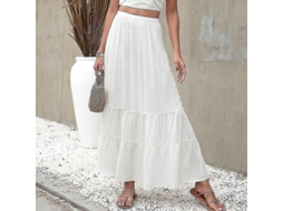 Saia Maxi Feminina Boho De Cor Solida Com Volante Cintura Alta Leve Confortavel Para Verões E Ocasiões Casuais Branco