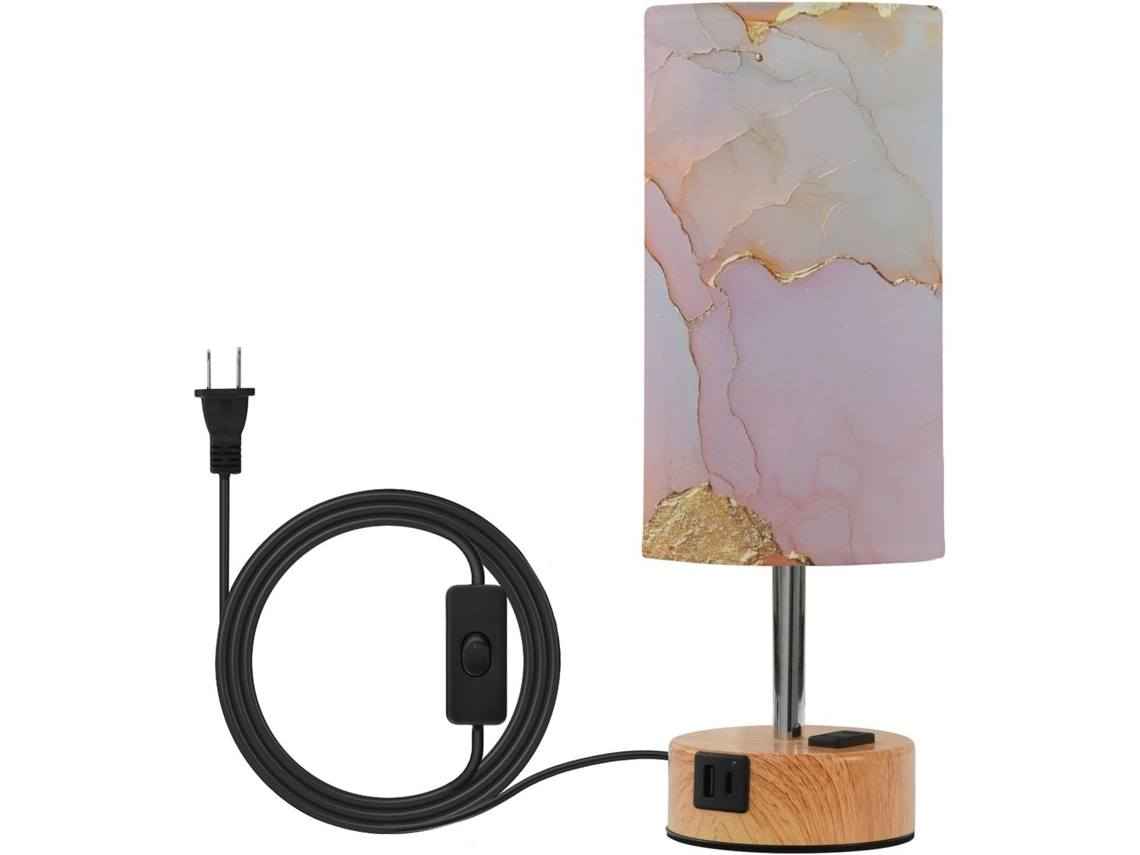 Mesa com base em mármore branco blush, 3 intensidades de luz simulando neve, cúpula de tecido e 3 temperaturas de cor, ideal para