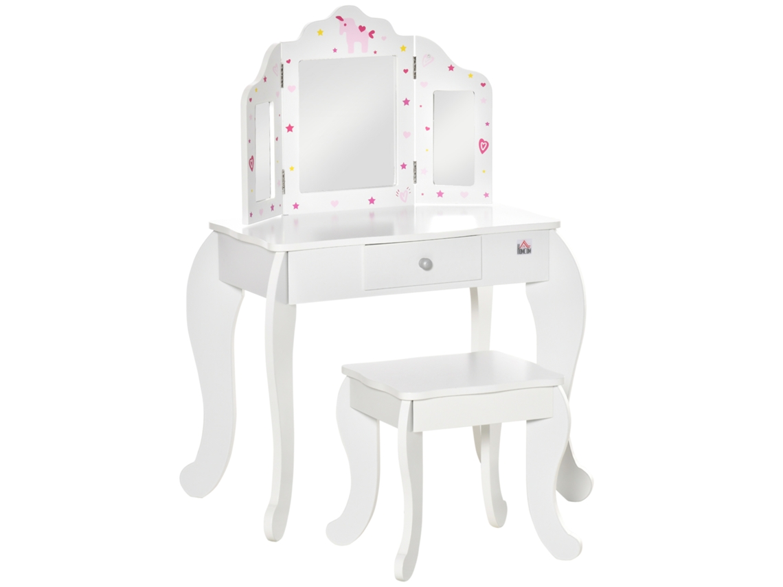 Toucador infantil de madeira, banco, espelho, gaveta, quarto, jogos, 63x40x85,5cm branco S/MARCA