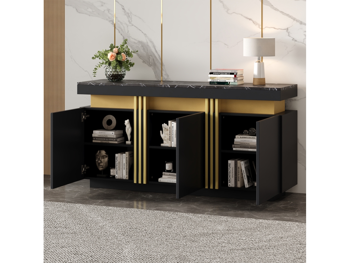 Sapateira Preta Moderna 95x24x107cm Com Prateleiras Reguláveis, Punhos Dourados, Gavetas E Portas Para Hall