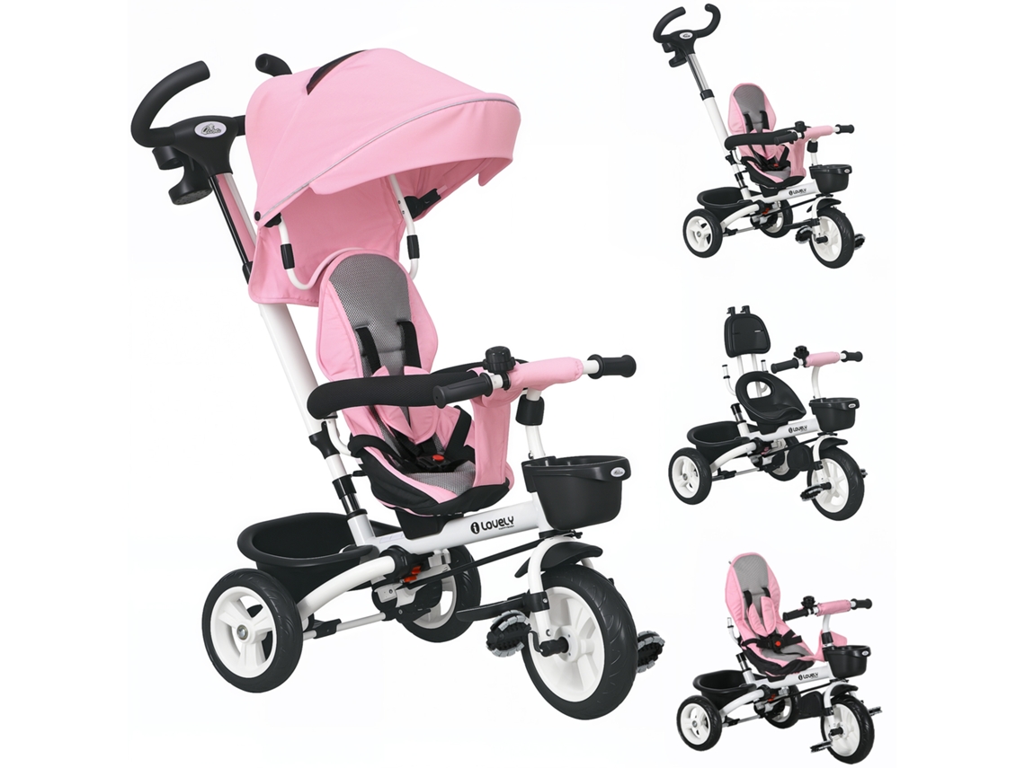 Triciclo Infantil, Seguro Ntil 6 Em 1 Com Barra De Empurrar, Capota, Cinto De Segurança E Cesto De Armazenamento. A Partir De 18 Meses. Rosa. Ehstmind