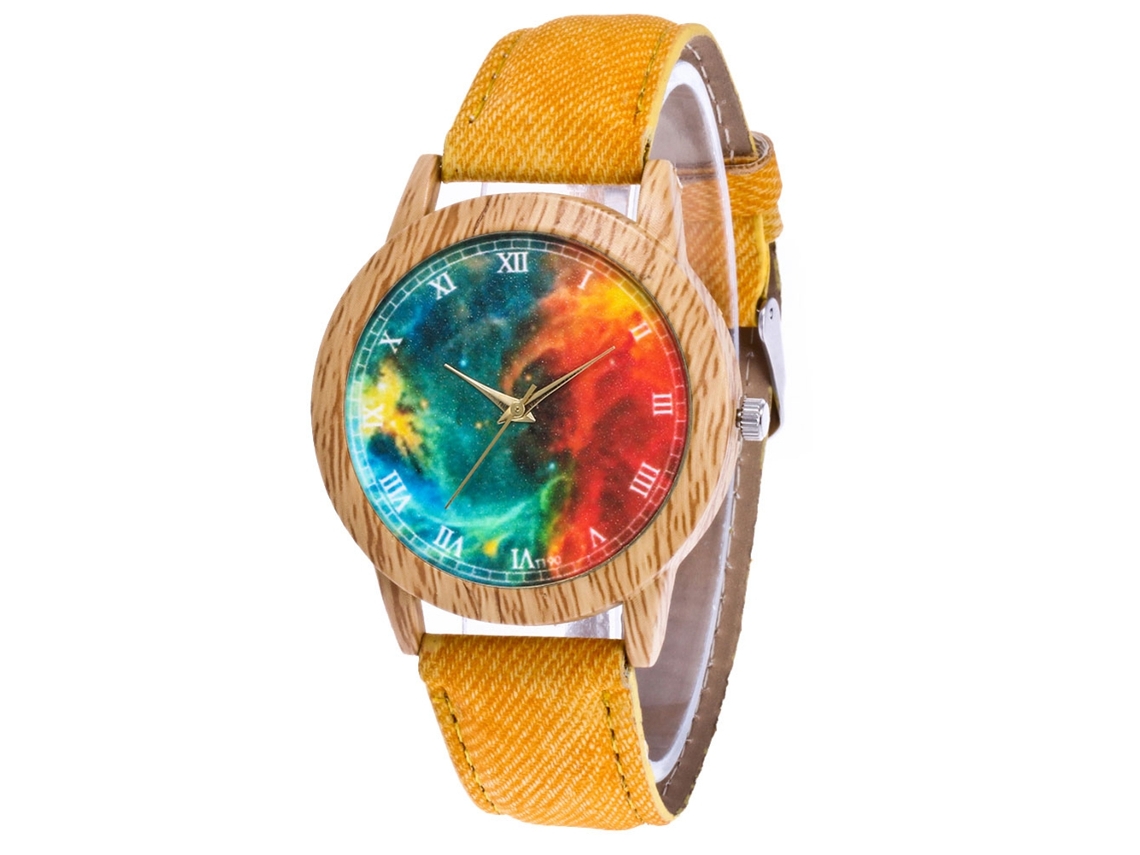 Reloj De Pareja Zhoulianfa Nebulosa Colorida Acero Cuarzo Dial Redondo Amarillo