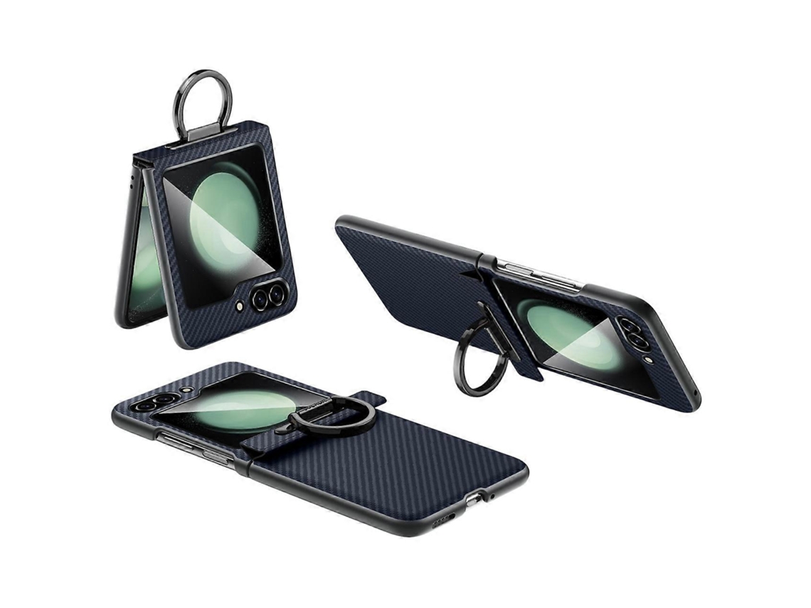 Capa Sulada Para Samsung Galaxy Z Flip5 5g Com Suporte De Anel E Fecho Magnético, Capa De Couro Para Pc, Textura De Fibra De Carbono, Azul