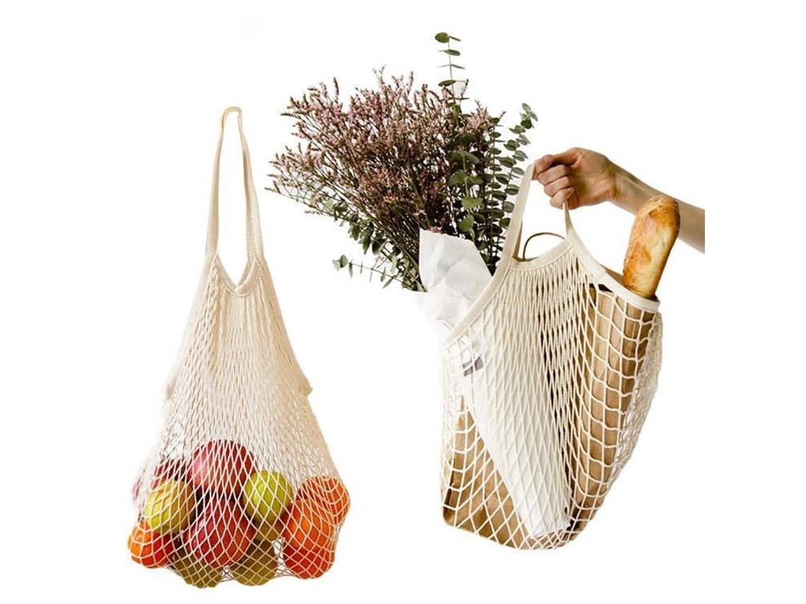 Pacote com 3 Sacolas de Compras Reutilizáveis​​ em Malha de Corda de Algodão BRILVIBERA (30* 35* 10 Cm)
