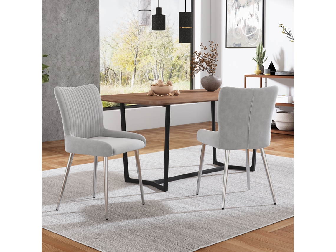 2 Sillas Comedor Terciopelo Gris Patas Plateadas Lujo
