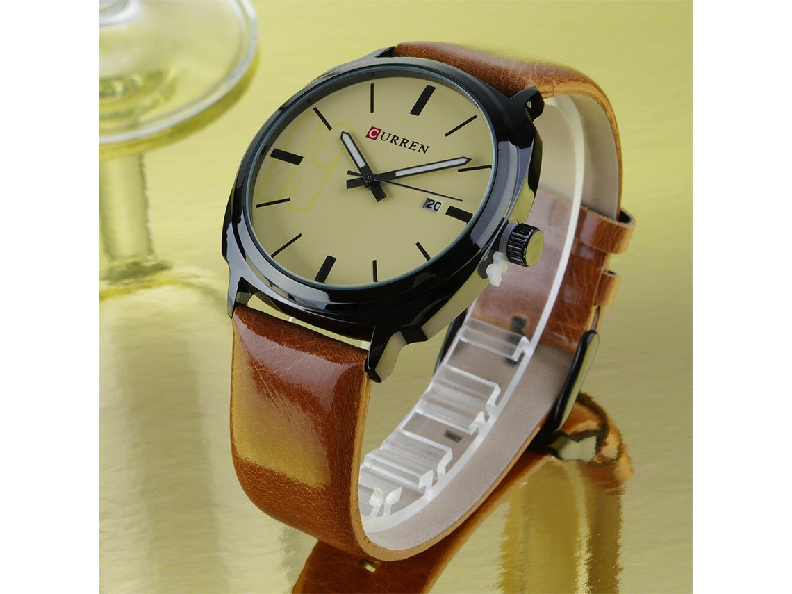 Relógio masculino de quartzo à prova d'água com pulseira de couro PU (amarelo)