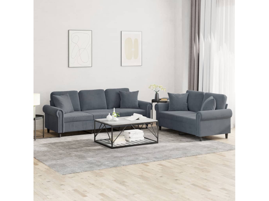 Vidaxl 2 Pcs Conjunto De Sofás Com Almofadas Veludo Cinzento-escuro
