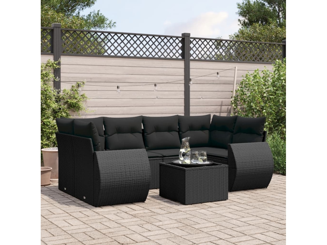 Vidaxl 7 Pcs Conjunto De Sofás P/ Jardim C/ Almofadões Vime Pe Preto