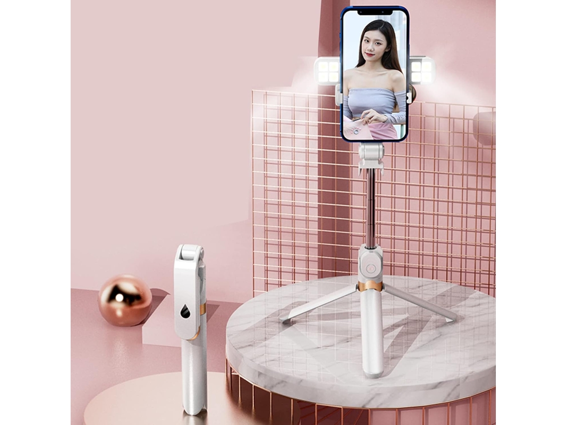 Tripé para Bastão de Selfie, Tripé Extensível para Bastão de Selfie com Anel de Luz Led Duplo e Controle Remoto Sem Fio JYTGALX (branco)