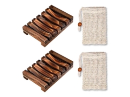 Nova Line 2 Pratos de Sabão de Bambu e 2 Saches de Sisal, Anti resíduo para Banheiro e Cozinha