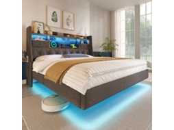 Cama Estofada Flutuante Led 160x200 Usb-c 3usb Cabeceira Arrumação Cinza