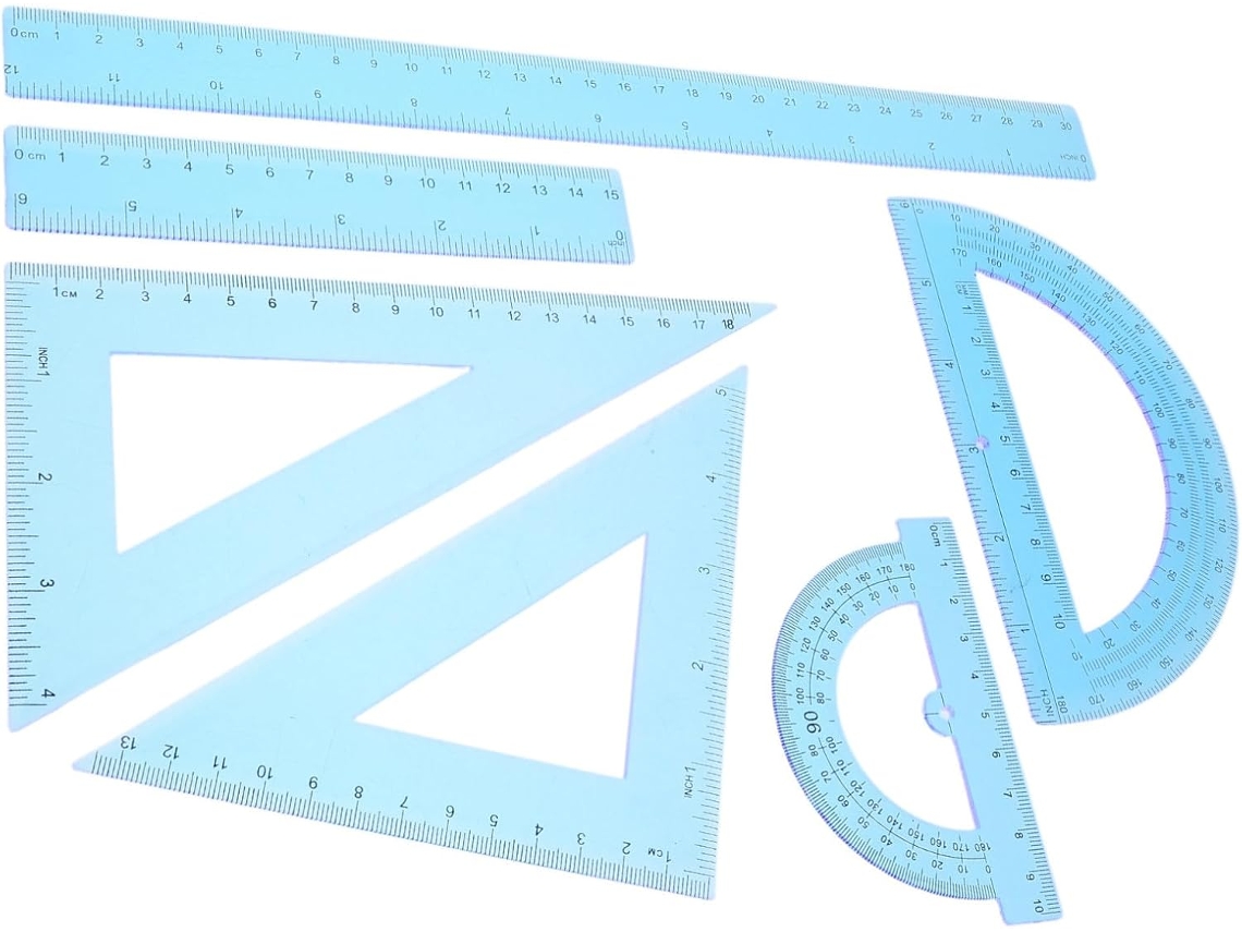 Conjunto de réguas de plástico azul para casa ou escola, material ideal para design e arquitetura, perfeitas para decoração.