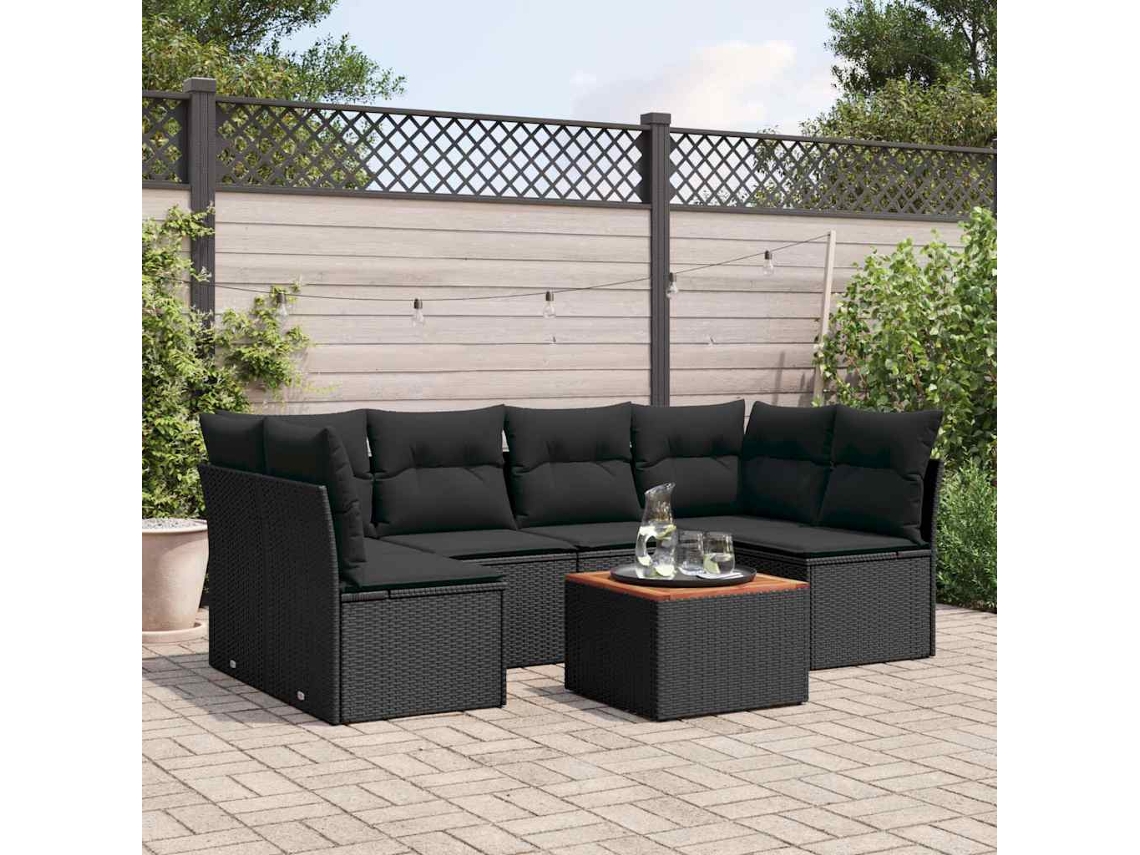 Vidaxl 7 Pcs Conjunto De Sofás P/ Jardim C/ Almofadões Vime Pe Preto