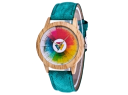 Relógio de casal Zhoulianfa com movimento de quartzo, mostrador colorido e pulseira de lona verde.