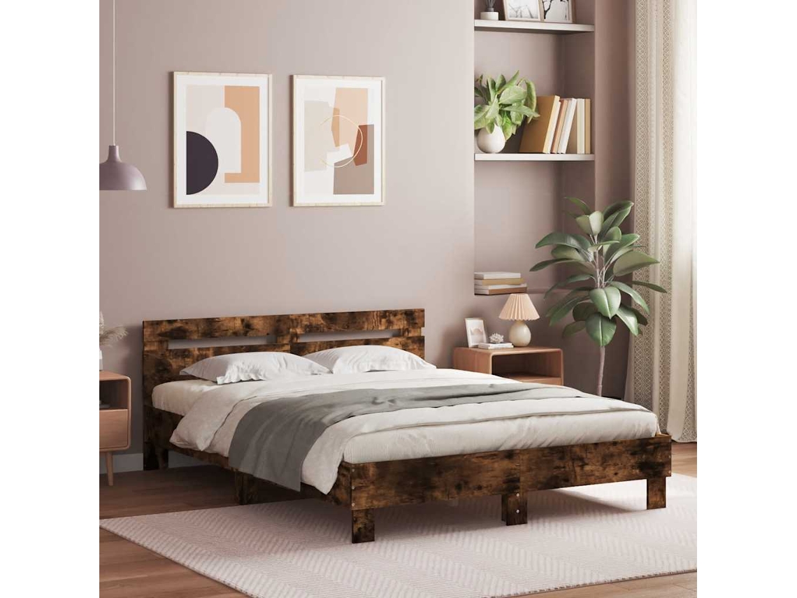 Vidaxl Estrutura Cama C/ Cabeceira/luzes Led 140x190cm Carvalho Fumado