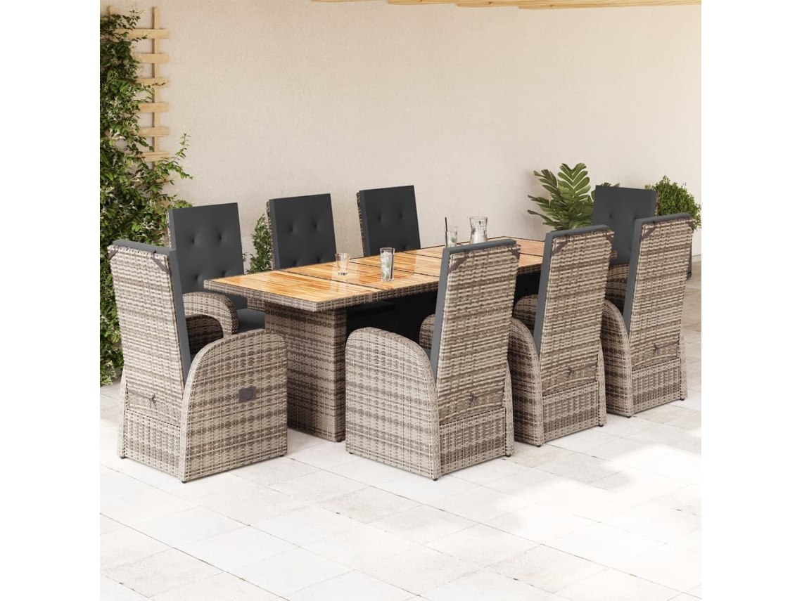 Vidaxl 9 Pcs Conjunto De Jantar P/ Jardim C/ Almofadões Vime Pe Cinza