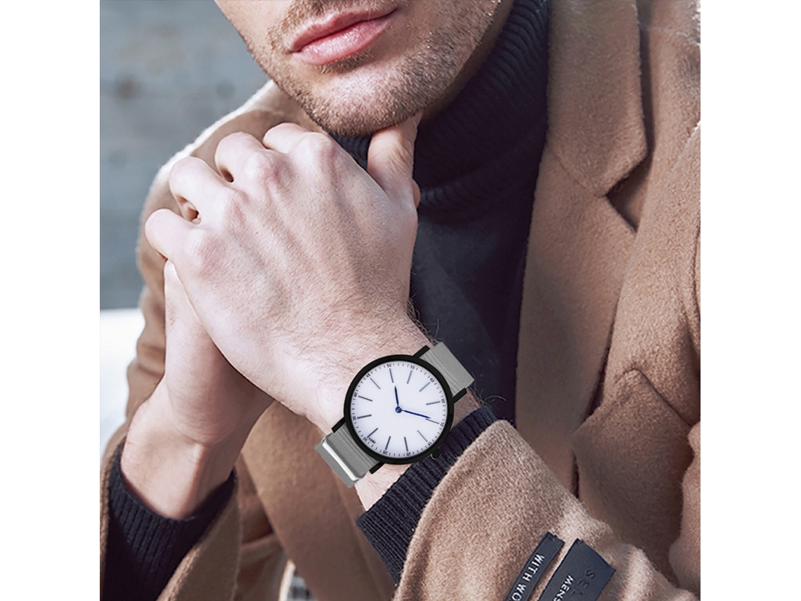 Relógio masculino de quartzo com pulseira de nylon, mostrador redondo, elegante e casual, cinza.