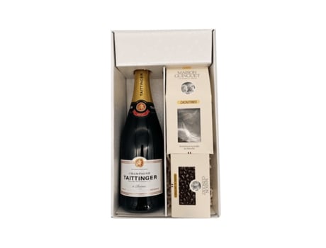 White Gift Box - Taittinger Champagne -1 Brut 75 cl - Cacaotines (1x150g) and Sauternes Raisins (1x100g) MAISON GUINGUET