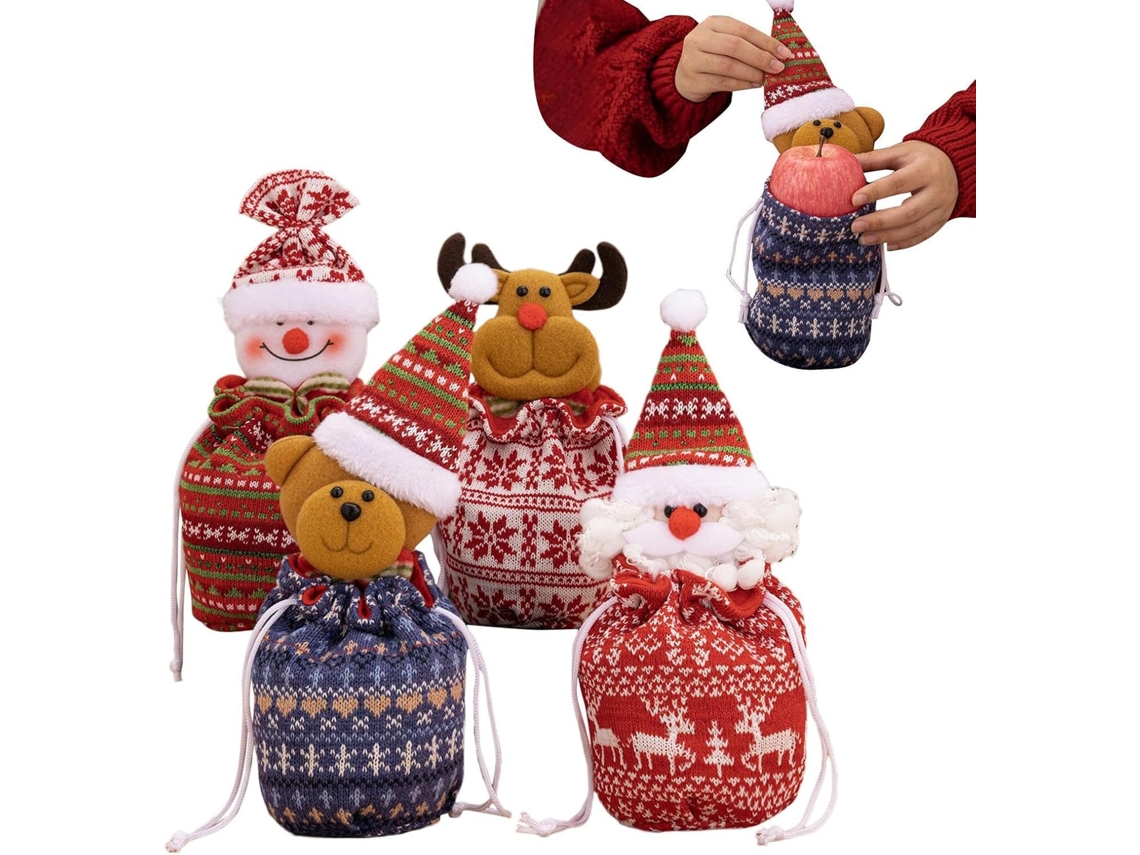 Conjunto De 4 Sacolas De Doces De Natal - Estampas De Papai Noel, Boneco De Neve E Rena