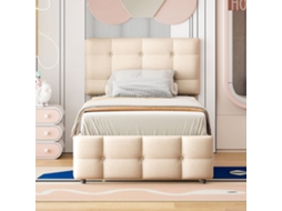 Cama Com Gavetão 90x200cm - Cabeceira Regulável - Tecido De Linho - Bege