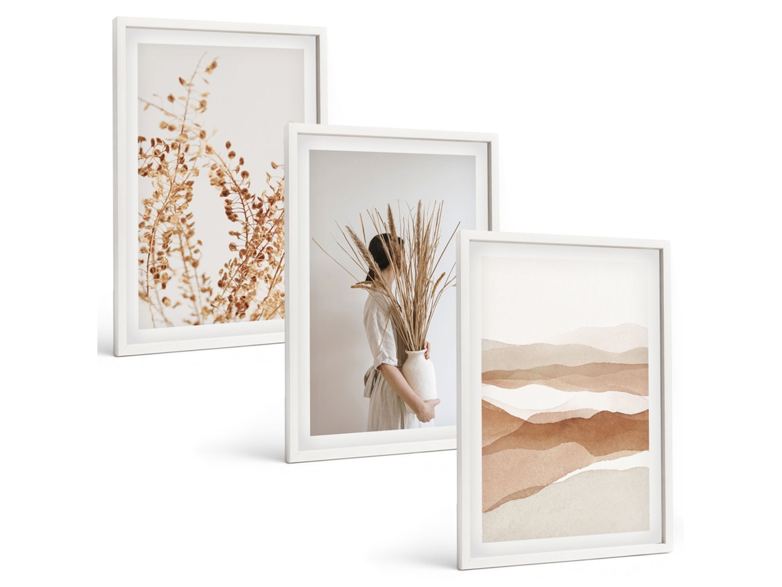 Galeria De Pinturas Murais Motivos De Plantas Rústicos E Boho Moldura Branca Imagens Para Um Quarto Infantil Espelharte (3 Piezas De 40x60 Cm)