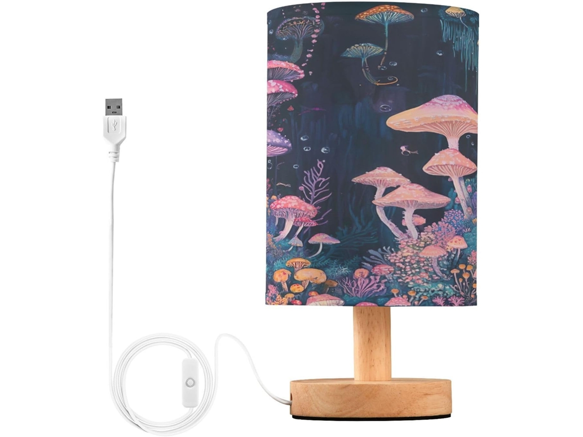 Luminária De Cabeceira Led Pequena Em Formato Cogumelo Da Skyshu Com Base Madeira Antiderrapante E Cúpula Que Não Agride