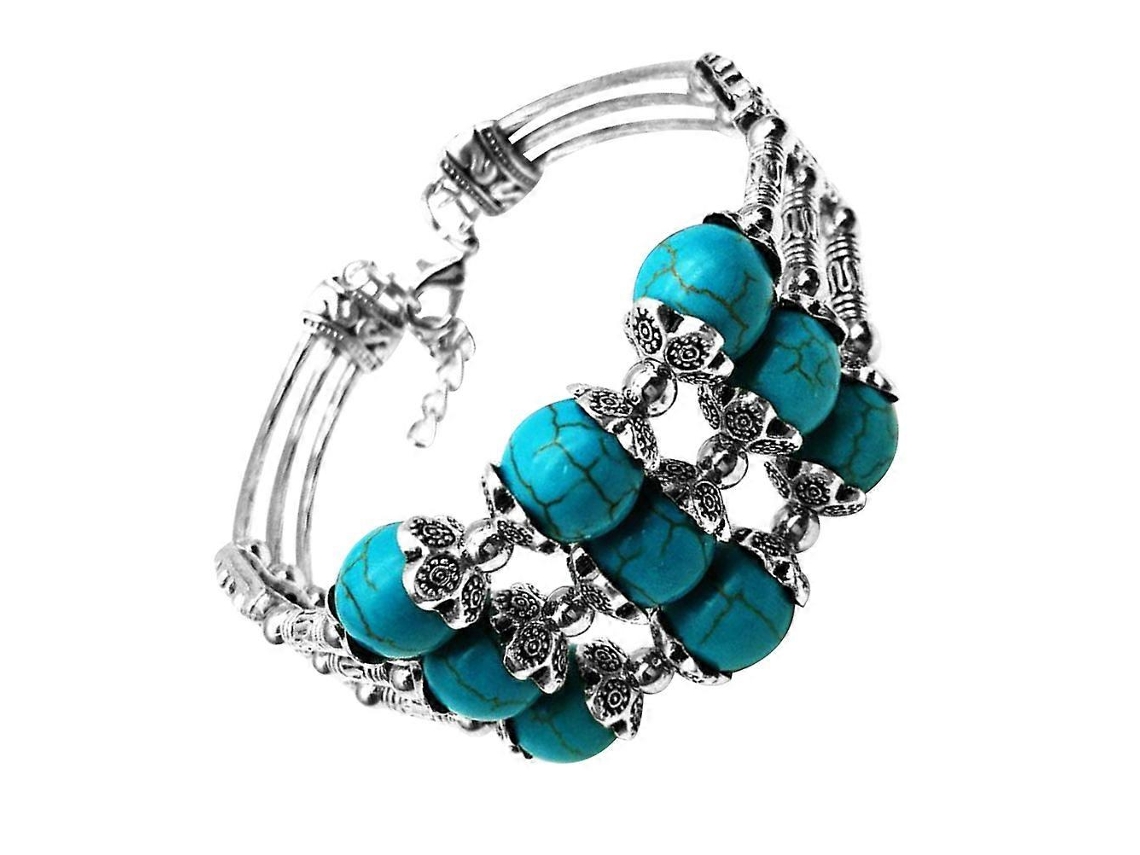 Pulseira Elegante Turquesa Feminina Multicolorida Com Decoração Feita À Mão, Bracelete De Metal Leve De 19 Cm . Nostalgia88 (7,5 Polegadas)