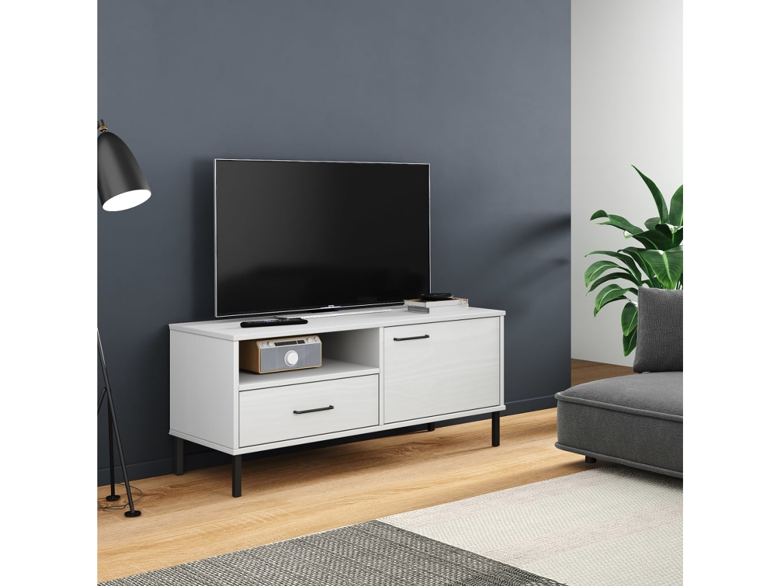 Vidaxl Móvel De Tv C/ Pernas De Metal Pinho Maciço Oslo Branco