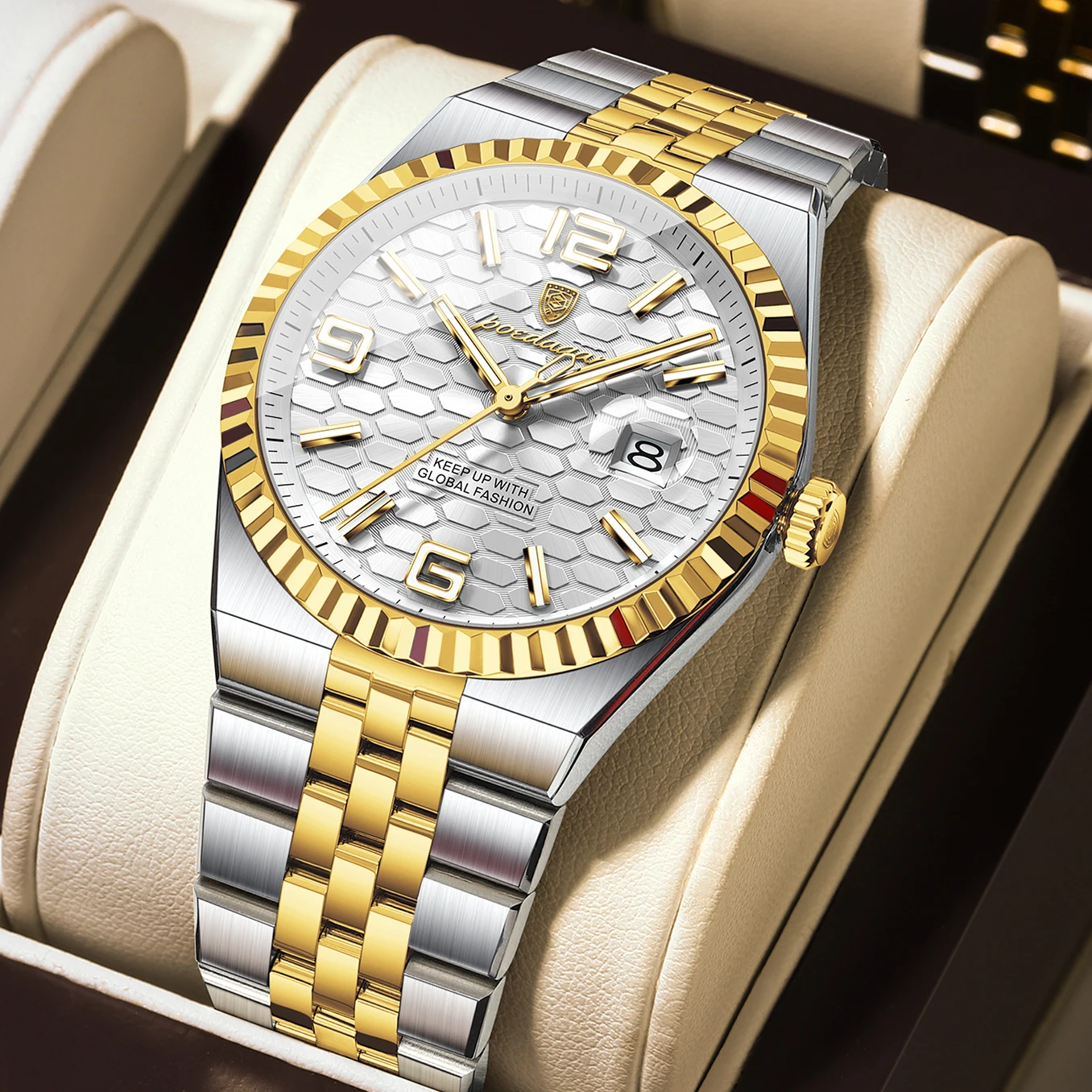 Relógio Masculino Elegante Para Negócios, À Prova D'água, Com Mostrador Luminoso E Data, Movimento De Quartzo (dourado E Branco).