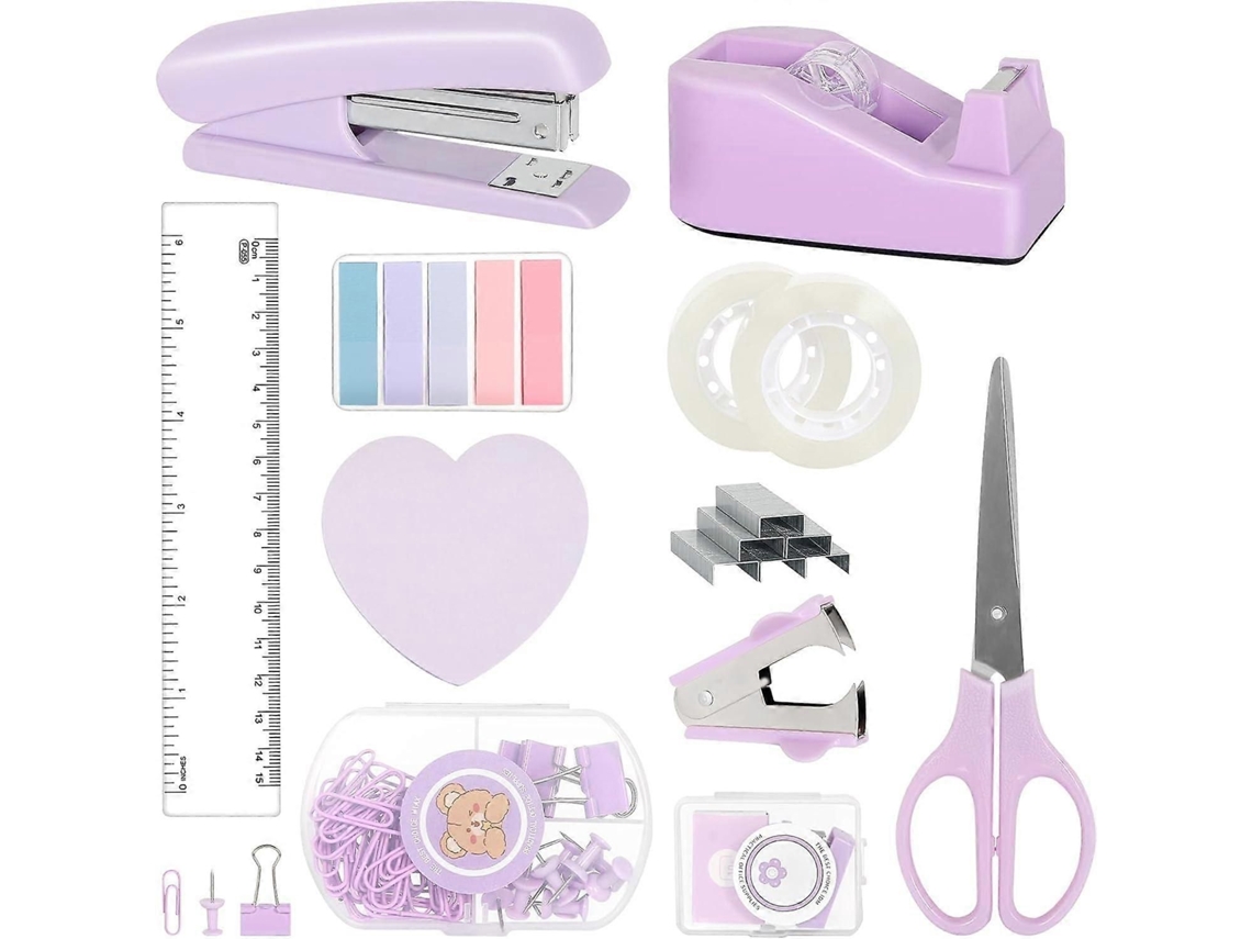 Kit de Material Escritório Roxo com Grampeador, Dispensador Fita Adesiva Removedor Grampos, 1000 Grampo S, Clipes e Tesoura para Estu GOKOCO