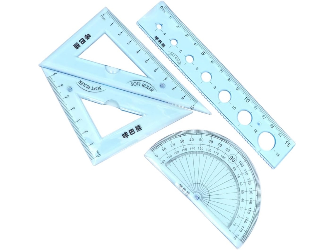 Régua Decous Flexível de 4 peças com design ondulado, em plástico transparente, ideal para uso escolar.
