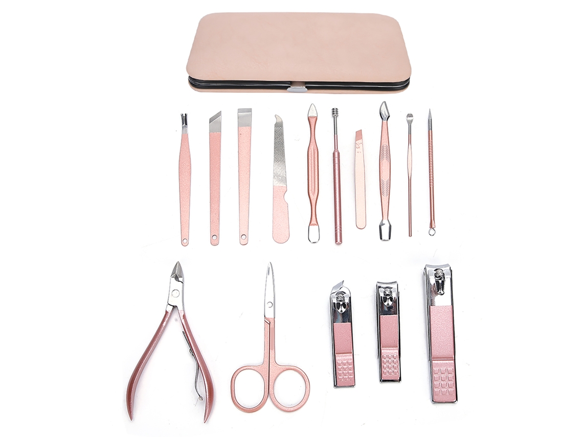 Kit De Manicure 15pcs Aço Inox Cuta Unhas Lixa Ouvido Pinça Cabelo Sobreiro Dourado Rosa