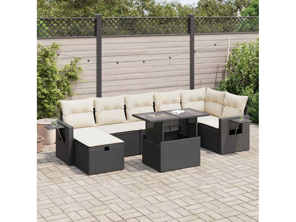 Vidaxl 8 Pcs Conjunto Sofás De Jardim Com Almofadões Vime Pe Preto