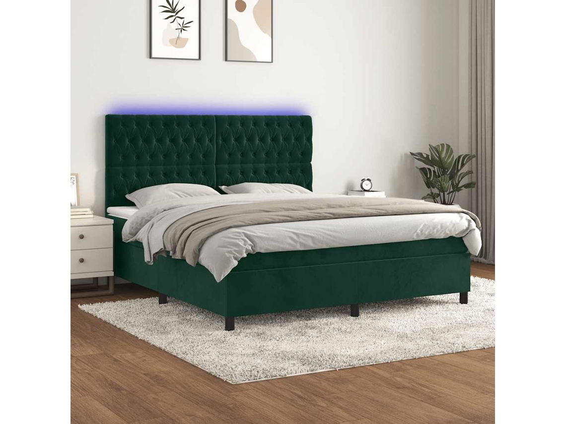 Vidaxl Cama Box Spring C/ Colchão/led 180x200 Cm Veludo Verde-escuro