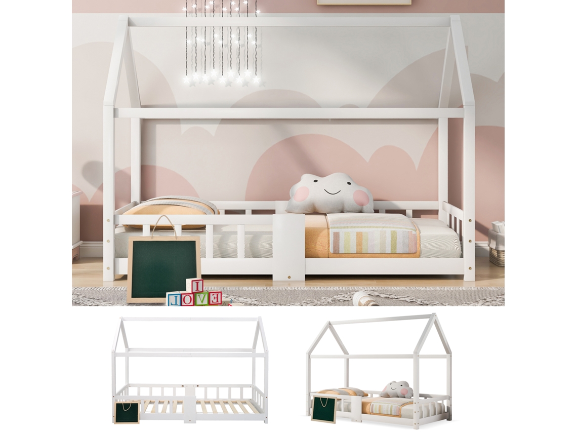 Cama Infantil Kinderbett 90x200cm Pinho Branco Com Guarda-limites E Latada